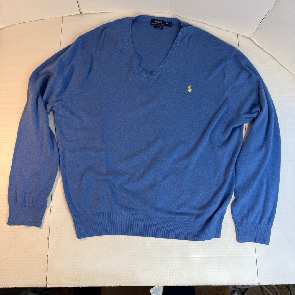 Ralph Lauren Men's 2XL Sweater Preppy Pony Blue Pima Cotton V-neck Jumper EUC‎